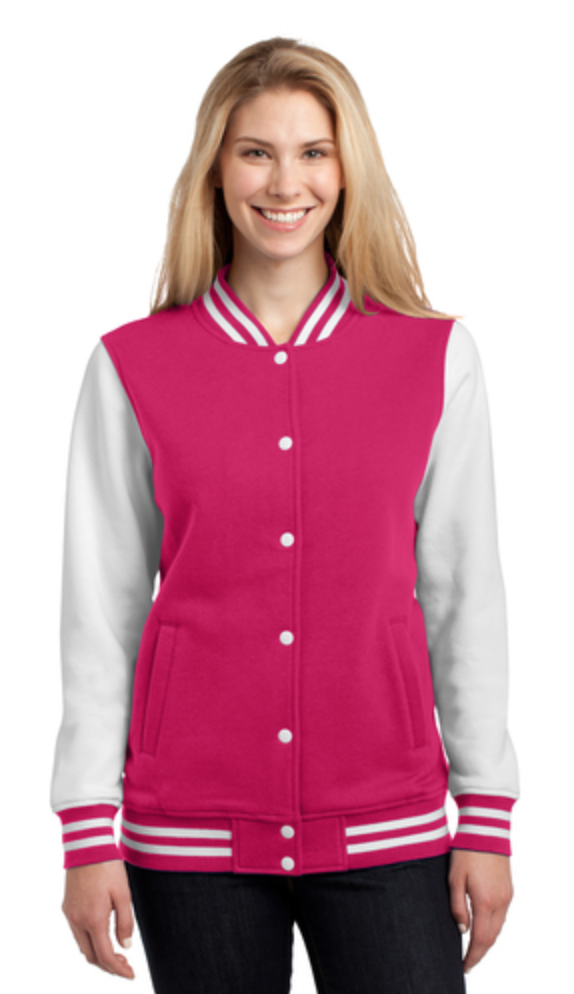 Sport-Tek Ladies Fleece Letterman Jacket - Pink Raspberry/White